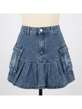 Y2K Denim Cargo Mini Skirt XS Pleated Utility Skull Wings Graphic Grunge McBling